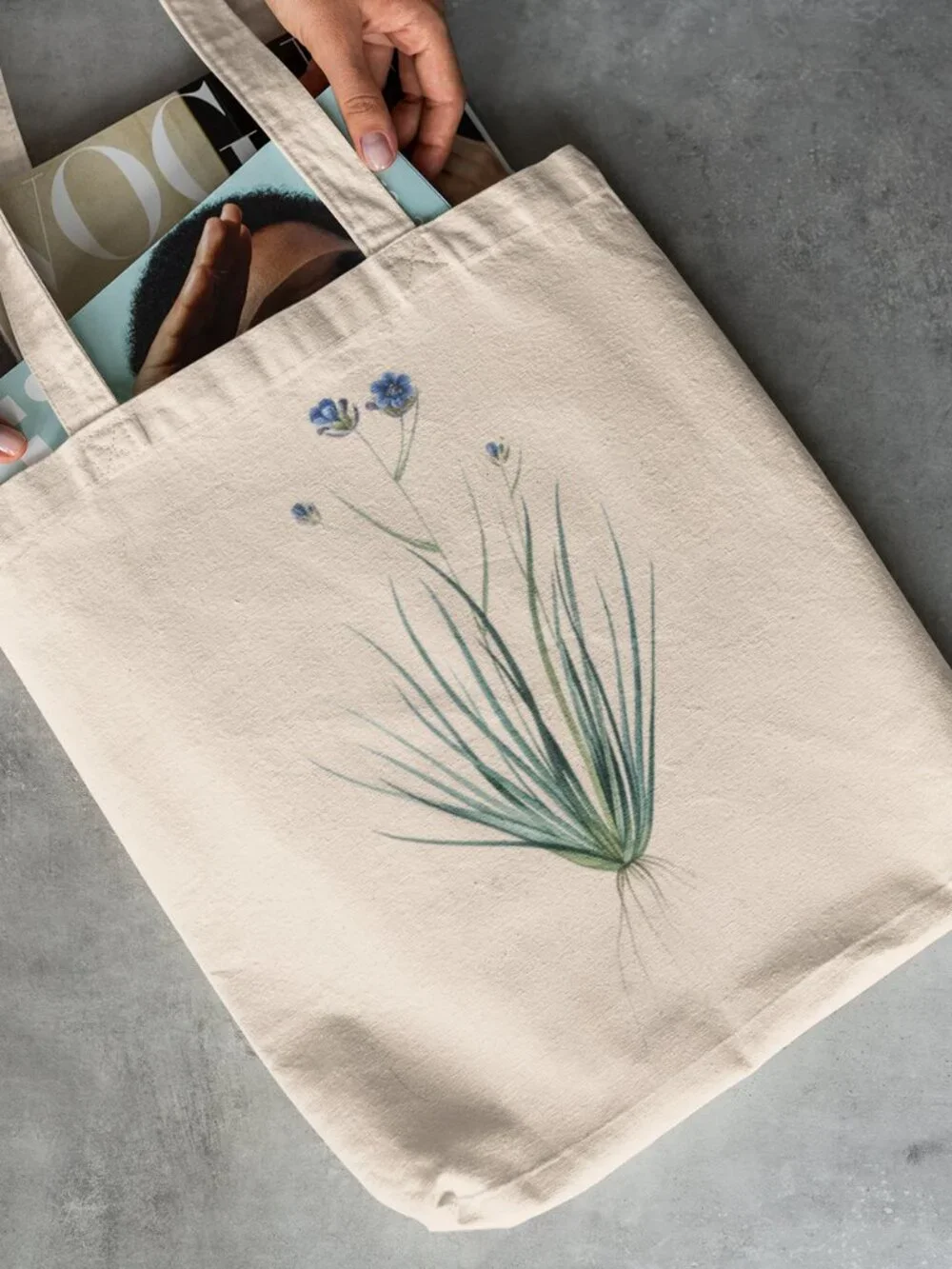 Blue Rush-Lily Vintage Floral Print Graphic Canvas Tote Bag